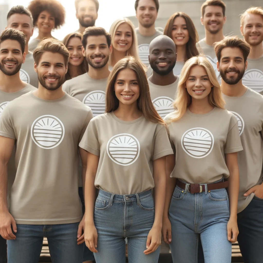 DALL·E 2025-03-11 10.43.20 - A diverse group of people standing together wearing matching T-shirts with a visible logo on the front. The group appears cheerful and united, standin