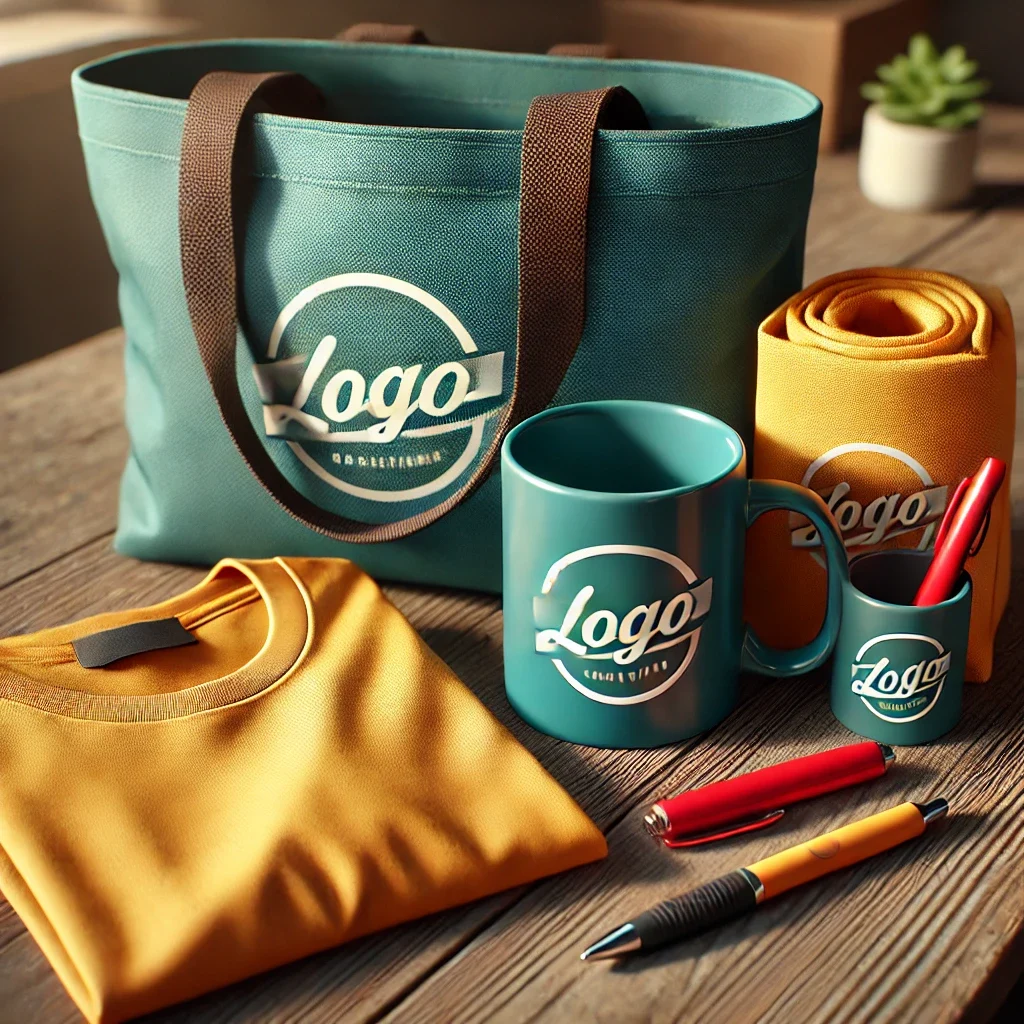DALL·E 2025-03-11 10.46.08 - A realistic image of a teal blue ceramic mug, a sleek red pen, a vibrant yellow tote bag, and a neatly folded orange T-shirt sitting together on a woo